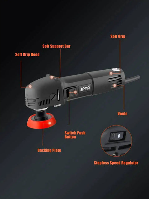 Mini Car Polisher Kit For Auto Detailing With 750W Buffer, Smooth, Low-Vibe Operation displayed with controls and grip features