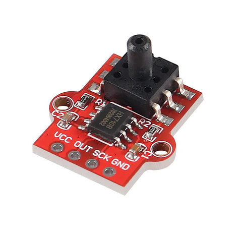 DWEII air pressure sensor module on red PCB with black top sensor, VCC OUT SCK GND labels for Arduino, 0-40KPa