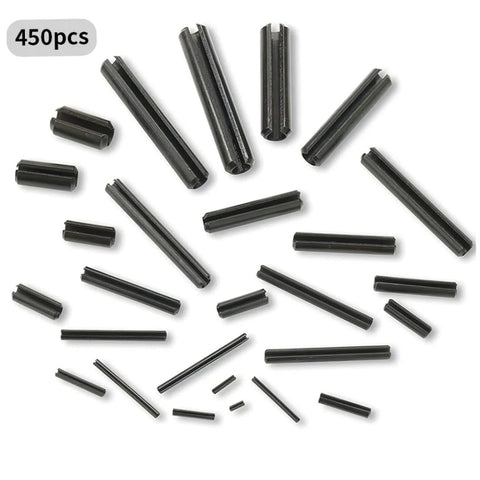 Roll Pins Assortment Kit Slotted Hollow Dowel Pins 450 Pcs, spring steel with black oxide finish, various sizes, top view.