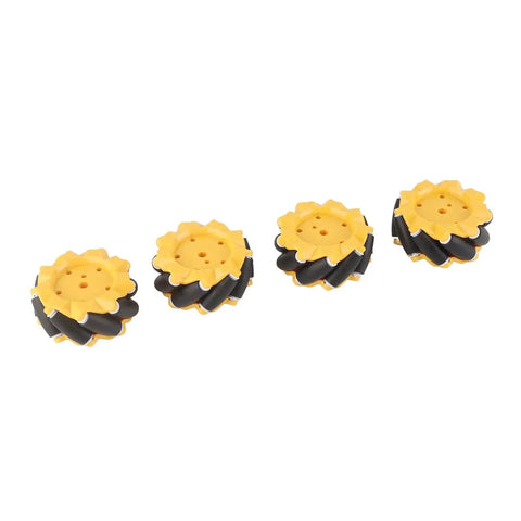 Omni Directional Mecanum Wheel Set For DIY Robots And Smart Car Projects, 80mm Wheels, yellow and black, four wheel drive mobility