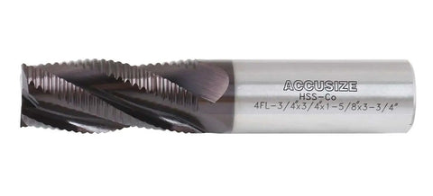 Beefy Roughing End Mill TiAlN Coated M42 Cobalt With Standard Tooth Four Flute Three Quarter Inch Diameter Three Quarter Inch Shank Flute Length One And Five Eighths Inch Overall Length Three And Three Quarter Inches Model 1102-0034 By Accusize