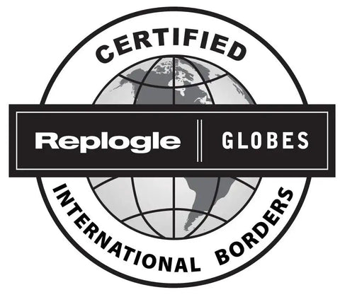 Logo of Replogle Globes with certified international borders text and globe illustration with continents and grid lines.