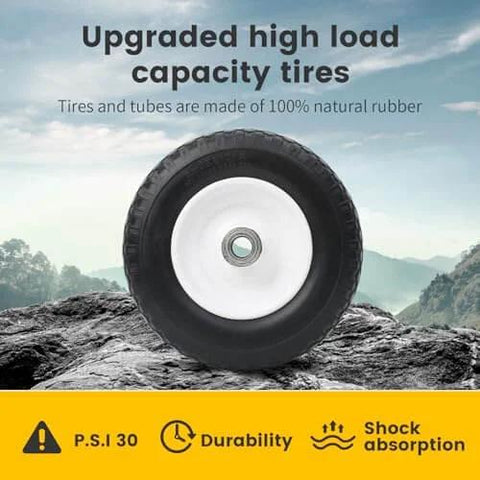 12 Inch Flat Free Solid Polyurethane Tire For Trailer Dolly And Utility Wheel, Pre Mounted On Steel Rim, displayed against scenic backdrop