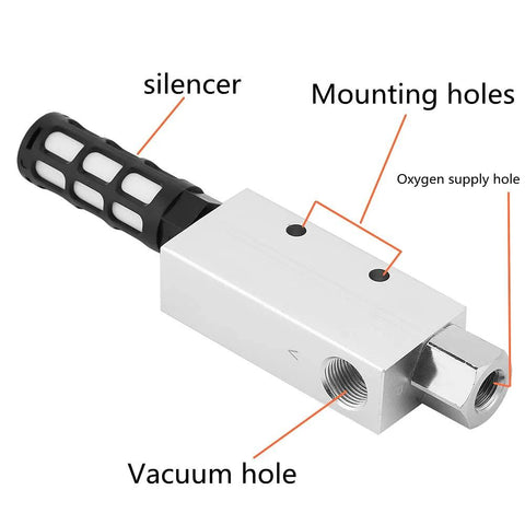 CV-20HS vacuum generator with silencer, silver aluminum block, vacuum port and mounting holes