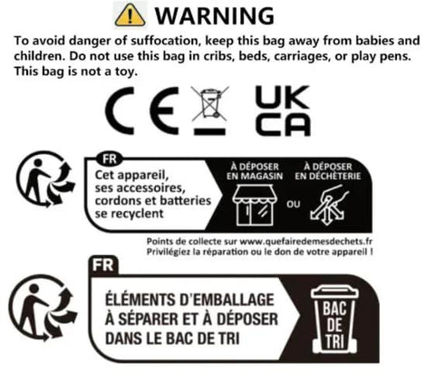 Product packaging warning label in multiple languages with recycling symbols, safety instructions, and CE, UKCA marks.