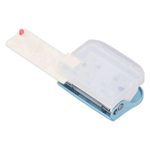 3 Hole Paper Puncher For Office Or DIY Projects, Handheld 5 Sheet Capacity, durable metal body with plastic cover, side view