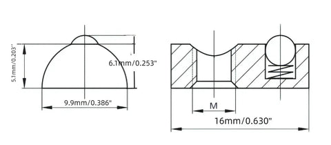 Technical drawing of 1/4-20 Steel T-Nut With Ball Spring For Aluminum Extrusion Rails, dimensions labeled in inches and millimeters.