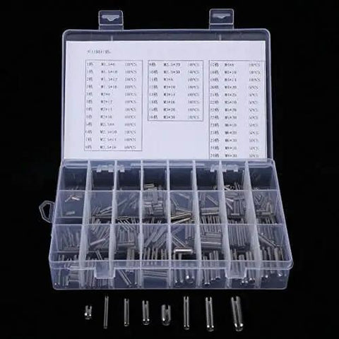 280 Piece 304 Stainless Steel Roll Pin Assortment Kit With Metric Slotted Spring Pins M1.5 To M8 in a plastic organizer case