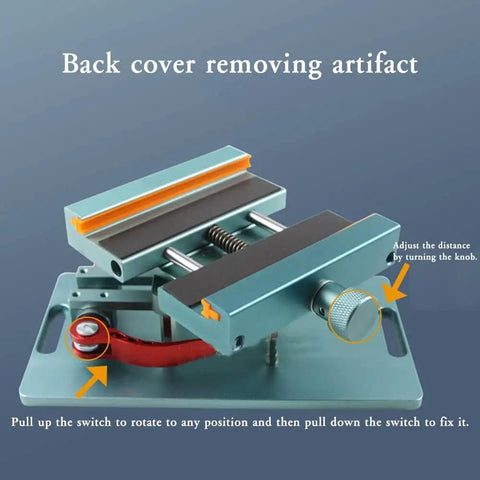 Lockable 360 Degree Rotary Back Glass Demolition Clamp For Phones And Tablets, durable aluminum fixture with rubberized jaws.