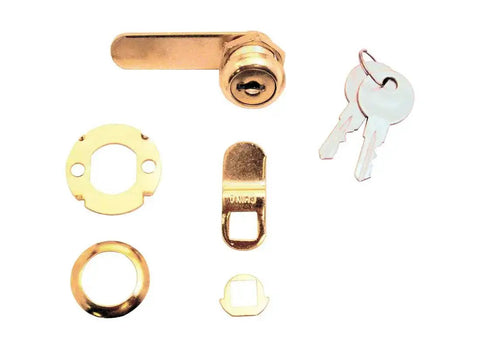 Beefy Diecast Drawer And Cabinet Lock With Brass Finish, 5/8 In., hardware set including keys, cams, and trim collar for installation