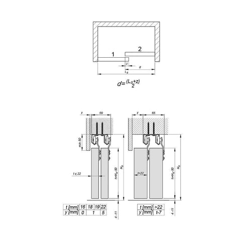 Technical drawing of Sliding Closet Door Hardware Kit With 47 Inch Double Track For Two Bypass Doors Up To 100 Lbs Per Door.