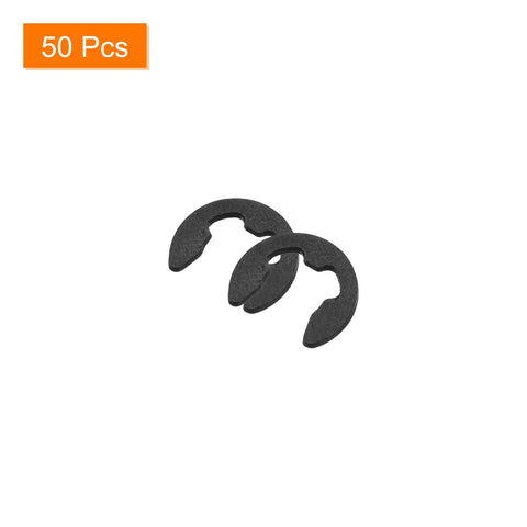 50 Pack External Retaining Rings 5.25mm One Quarter Inch 65Mn Carbon Steel E Clip Circlip Snap Rings Pro Grade For Valves Electrical Appliances And General Mechanical DIY Projects At Home Or In The Shop, close-up view of two black rings on white background