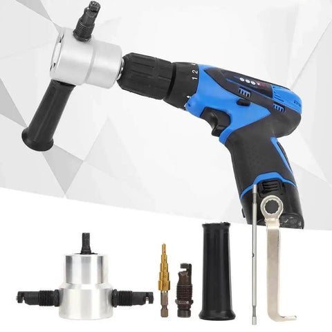 6 Piece Nibbler Cutterm Carbon Steel Metal Sheet Cutter Set with drill attachment and accessories shown.
