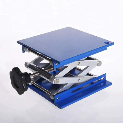 Adjustable Lab Jack Stand And Lift Table For 4x4 6x6 8x8 Platform showcasing blue metal design and adjustable mechanism
