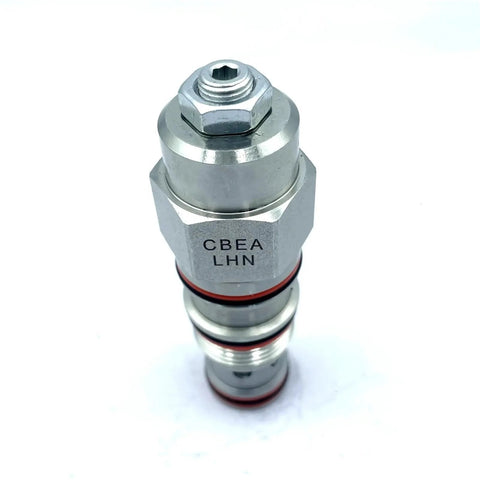 Hydraulic Threaded Cartridge Valve CBEA LHN Balance And Reversing Pressure Valve With Solenoid Control, silver body, front view.