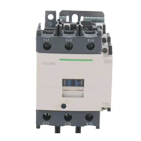 Front view of Heavy Duty 380V 95A 3 Pole AC Contactor with coil, showing terminal connections for power engineering applications.