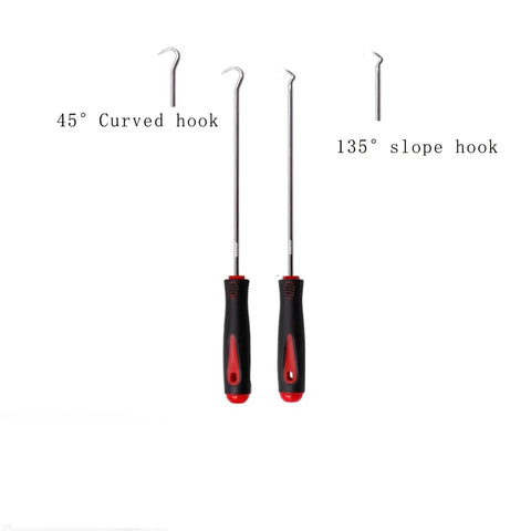 Oil Seal Hook Tool Set 2 Pack Heavy Duty Steel Seal Pullers With Non Slip Handles showing 45° and 135° hooks for safe seal removal