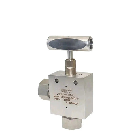 Needle Valve for Medium and High Pressure Hydrogen with stainless steel construction, suitable for hydraulics, pneumatics, and plumbing.