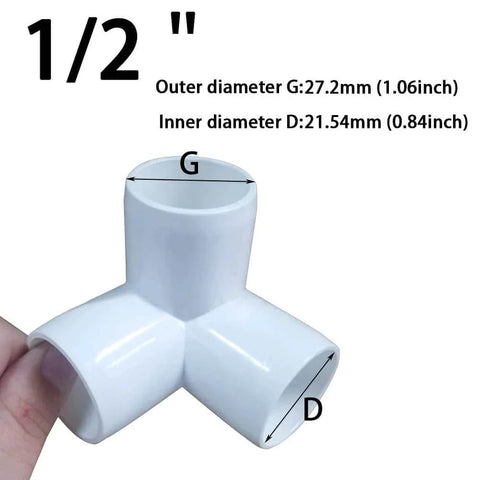 One Half Inch PVC Tee Fitting 3 Way Elbow Connector Furniture Grade 90 Degree Side Outlet shown with dimensions labeled