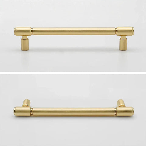 10 Pack Brushed Gold Cabinet Pulls 5 Inch Hole Center 128mm Brushed Brass Handles For Drawer Dresser Solid Zinc Alloy Kitchen Cupboard Bathroom Furniture Hardware With 2 Sets Mounting Screws, front and side view
