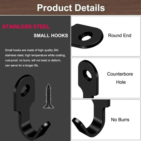 Black 20Pcs Small J Hooks Set Made From 304 Stainless Steel Wall Mounted Mini Hooks Hangers For Towel Picture Mirror Key Chain
