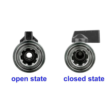 High Pressure Washer Ball Valve Kit With One Quarter Inch NPT Quick Connector For 4500 PSI Power Washer Hose DIY Ready Attachment in open and closed states