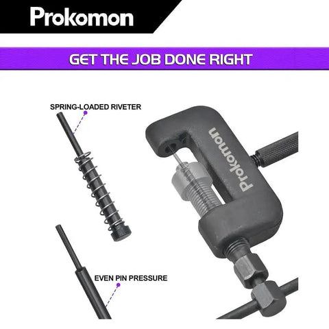 All In One Chain Breaker Tool Kit For Motorcycles And ATVs That Makes Chain Link Removal A Breeze And Riveting Quick And Easy Includes Prokomon 13 Piece Set For Cam Chains From 25 To 630 Built For Bikes Dirt Bikes And More showing riveter and pin pressure detail.