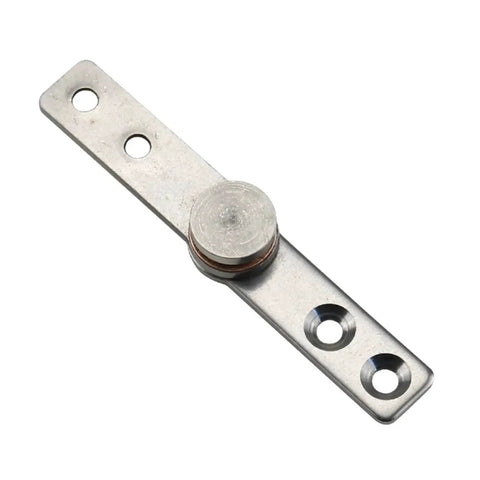 Stainless steel damping torque hinge plate with two mounting holes and round adjustment knob; front view