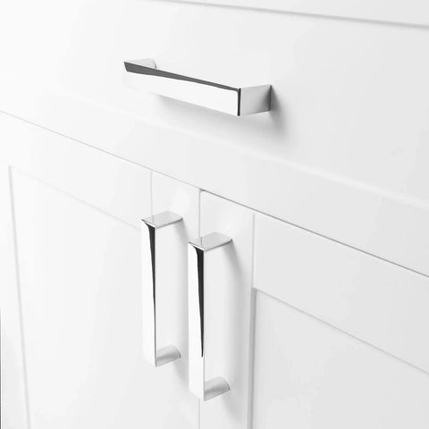10 Pack 5 Inch Polished Chrome Cabinet Pulls For Kitchen Cabinets Drawers Dresser Vanity Cupboards Solid Metal Hardware With 128mm Hole Centers And Two Screw Sizes For Easy Installation installed on white cabinetry