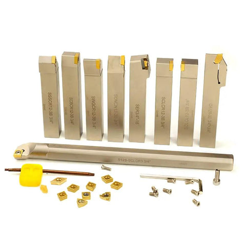 Heavy Duty Nickel Plated Indexable Tool Holder Set With Three Quarter Inch Shank Nine Piece CNC Lathe Tool Holders And Boring Bar For Turning Grooving Threading And Cut Off Operations
