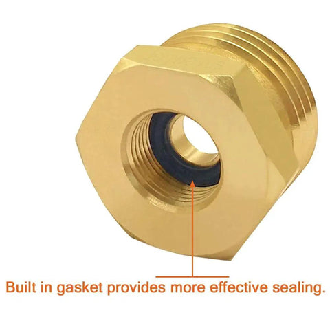 Two Pack Brass Three Quarter GHT Male To Three Eighths Compression Female Reducer Pipe Fitting close-up with built-in gasket