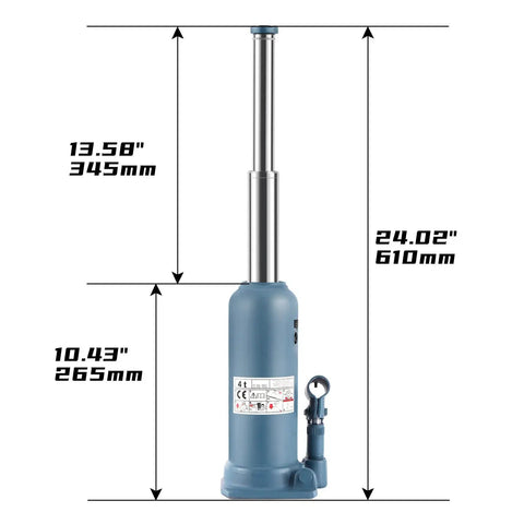 4 Ton Bottle Jack With Double Ram And Welded Construction For High Lift Range, showing height extension measurements.
