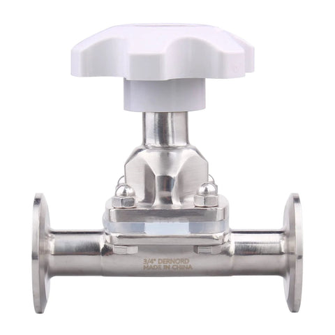 DERNORD sanitary diaphragm valve, stainless steel 316L, tri-clamp ends, white knob, 3/4 in tube OD