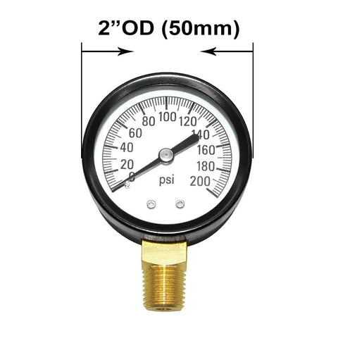 Pressure gauge with brass body, 1/4 in NPT thread, 0–200 psi scale, lower mount