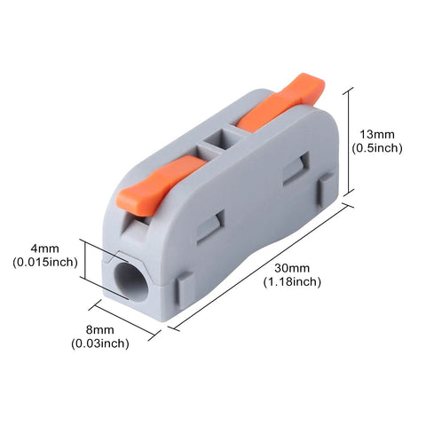 Inline lever connector, side view; gray body with orange release levers for 28-12 AWG wires