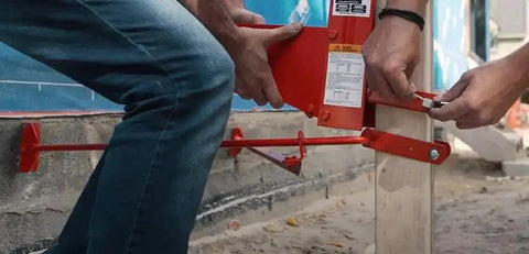 Installation of Pump Jack Brace 2201 OSHA Compliant Triangular Bracing Swivel Head on construction site for roof support