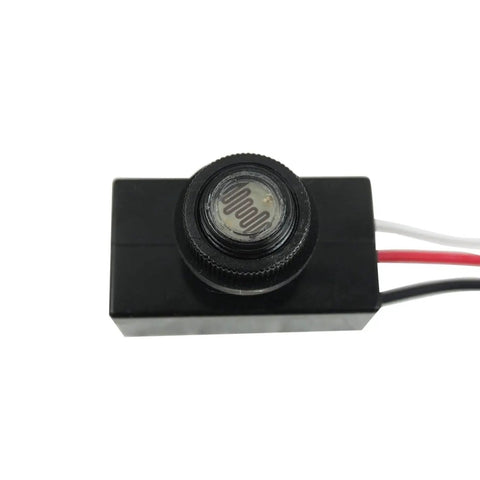 Close-up of 2 Pack DC 8-50V Photoelectric Light Control Switch Dusk To Dawn Sensor For Outdoor Lighting, 5A Photocell Switch, three-wire install.