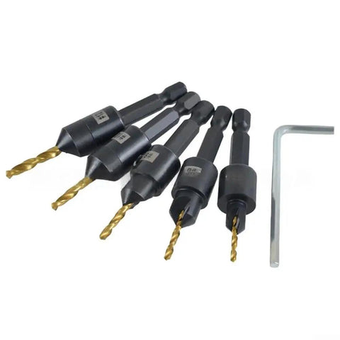12 Piece Titanium Coated Countersink Drill Bit Set With Hex Shank For Precision Boring Chamfering And Reaming In Furniture Assembly Cabinetry And Woodworking Projects For Wood Carving Pros Pro Grade Heavy Duty Tooling, shown with hex key