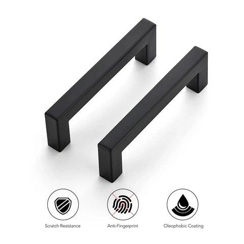 30 Pack 4 Inch Square Kitchen Cabinet Handles Matte Black Drawer Pulls with scratch resistance and anti-fingerprint coating.