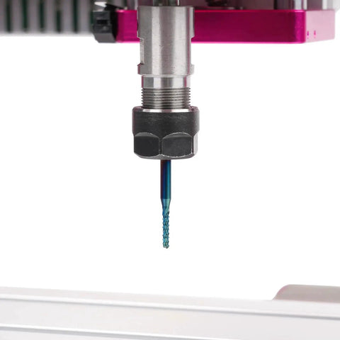 Close-up of Pro CNC Router Bit Set With ER11 And ER16 Collets Forty Piece One Eighth Inch Shank Two Flute Flat Nose And Ball Nose End Mills Nano Blue Coat And Titanium Coat Tungsten Carbide For Precise Milling And Long Lasting Durable Wood Aluminum And Plastic