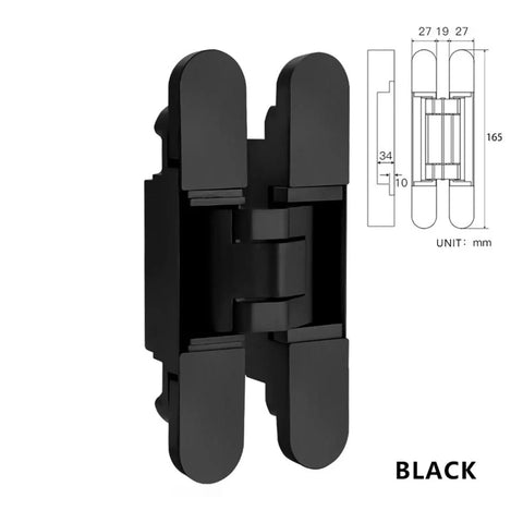 Three Dimensional Adjustable Invisible Hinge For Hidden Folding Doors Inner Opening Concealed Wooden Doors 180 Degree Swing Matte Black Hardware Easy To Install And Operate, shown in matte black with engineering diagrams