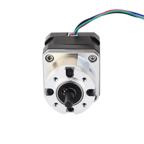 Front view of a Compact Nema 17 Stepper Motor with 5.18 to 1 planetary gearbox, visible 6mm shaft and wires, under 80mm length for DIY CNC robots.