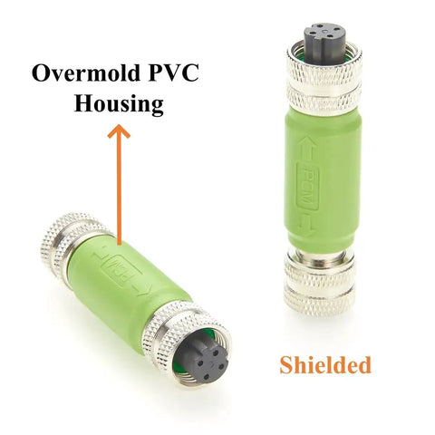 Profinet M12 D Code Inline Coupler 4 Pin Female To Female Shielded Cat5e Ethernet IP67 Rugged Gear highlighted PVC housing