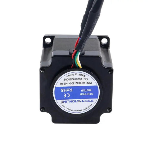 Rear view of Compact Nema 23 Closed Loop Stepper Motor with cable connections and label, designed for motion control.