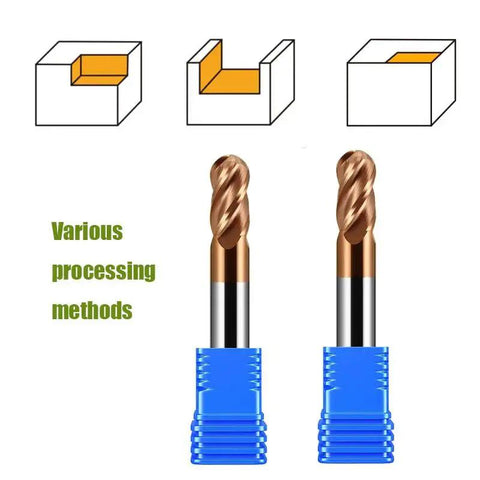 Diagram showing Premium Carbide Ball Nose End Mill Bits Set Five Piece Four Flutes TISIN Coated for cutting methods, two bits front view.
