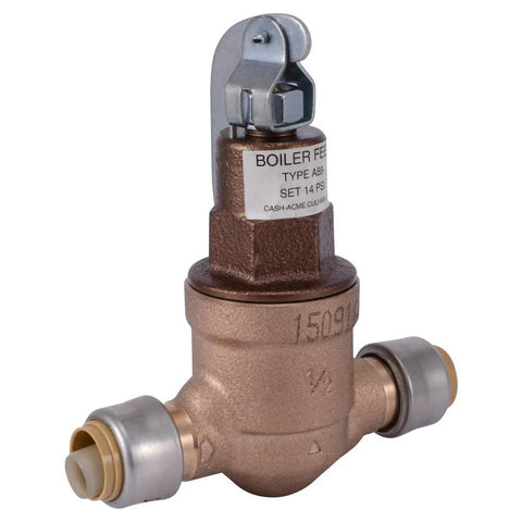SharkBite 1/2 in PRV boiler feed valve, brass body with push-to-connect fittings, front view
