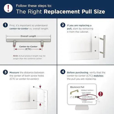 Steps to find correct replacement pull size, highlighting center-to-center measurement, with visual examples for Cyprus Oil Rubbed Bronze Cabinet Pulls Six And Five Sixteenths Inch Center To Center Set Of Ten For Upgrading Cabinets Doors And Furniture With Durable Zinc Construction And Contemporary Sleek Style.