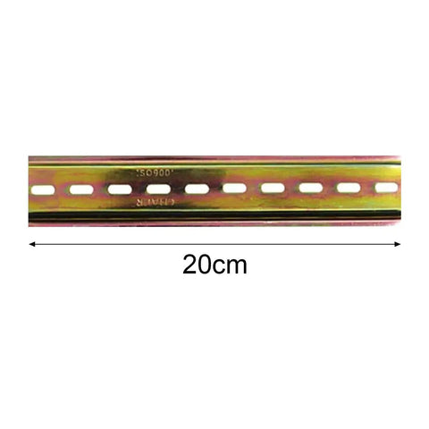 Front view of 200mm long, 35mm wide, 7.5mm high galvanized steel slotted DIN rail with measurement, pro grade industrial guide rail.