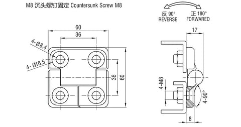 Technical drawing of an M8 countersunk screw with measurements, showing dimensions and details for reverse and forward positions.