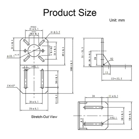 Technical drawing of Heavy Duty L Shaped Motor Mounting Bracket For DC And Stepper Motors, 20mm To 31mm Mounting Holes, Alloy Steel 3mm.